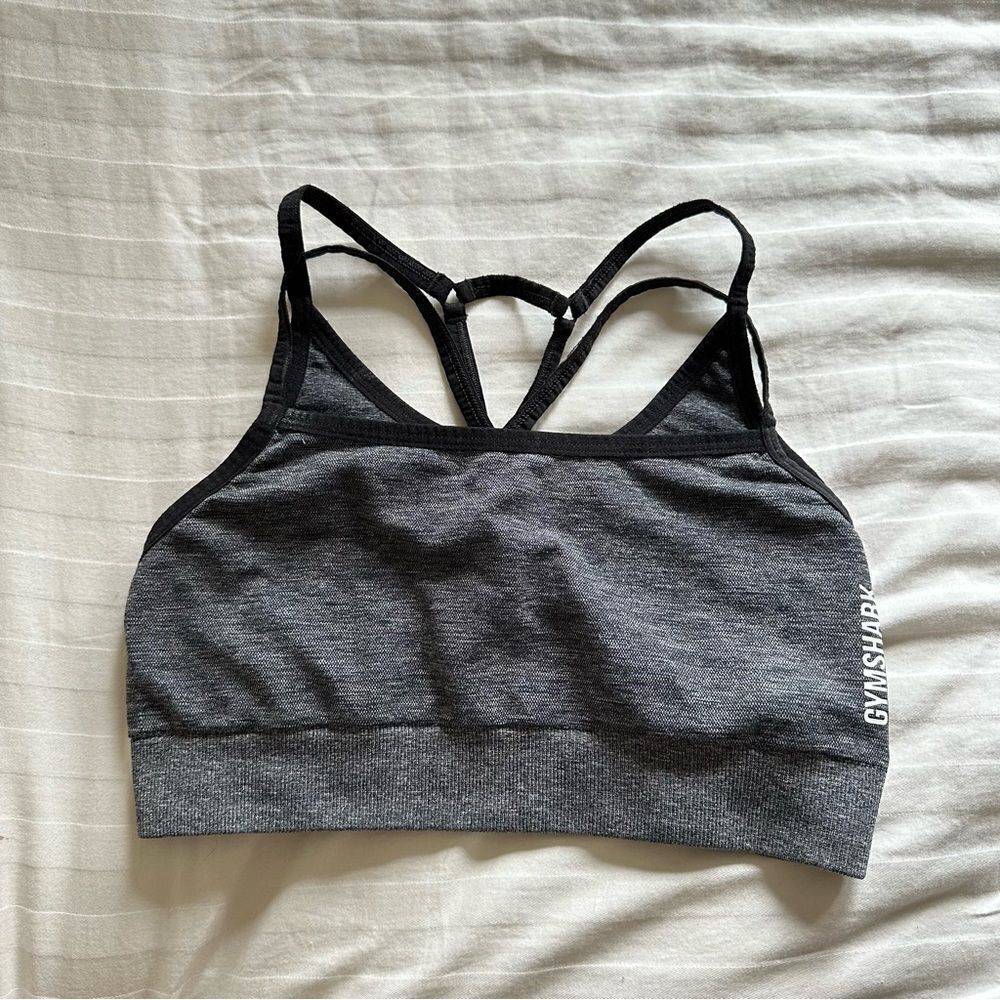 Gymshark gray and black double layered front strap back sports bra